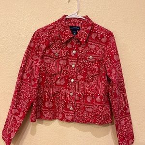 Charter Club Red Paisley Bandana Button Front Denim Jacket Size Small